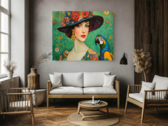 Antique fashionable Woman & Parrot Painting