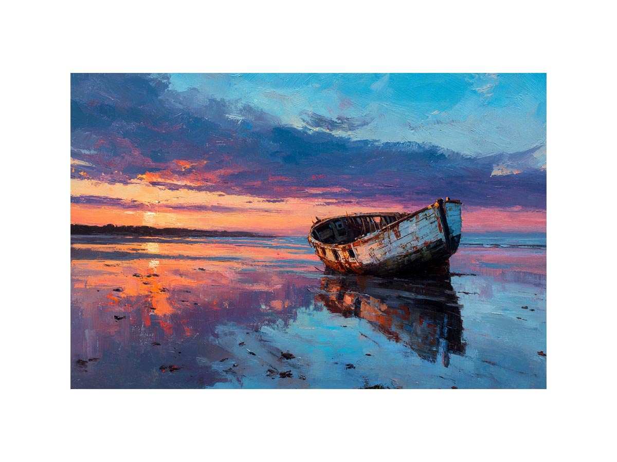 Boat on sunset beach Canvas Art Painting