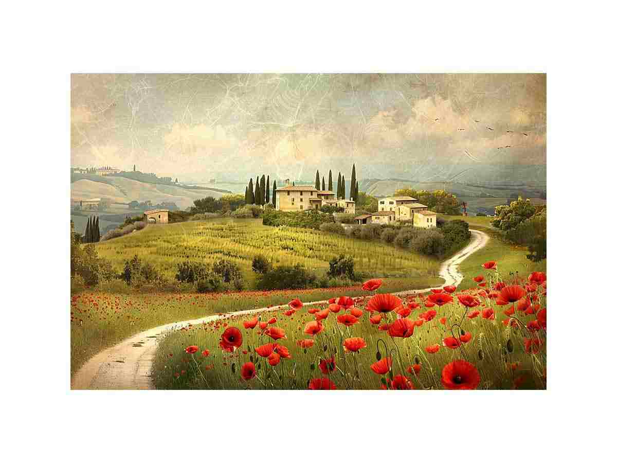 Red Poppies flower House Valley Painting