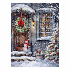 Snowman At Door Cristmas Canvas Poster Print