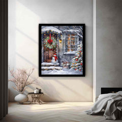 Snowman At Door Cristmas Canvas Poster Print