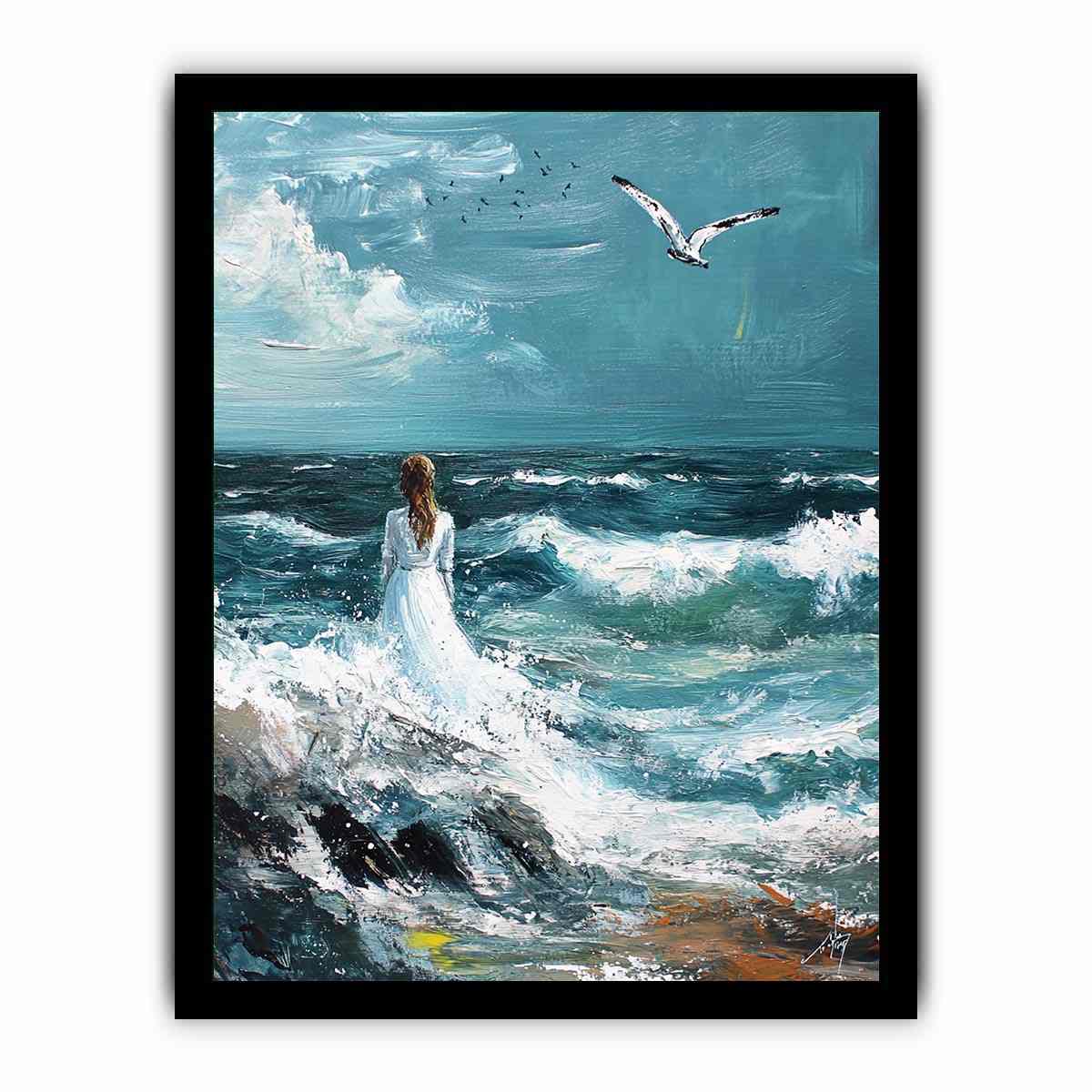 Wal to Sea Beautiful Girl Beach Painting  Framed poster