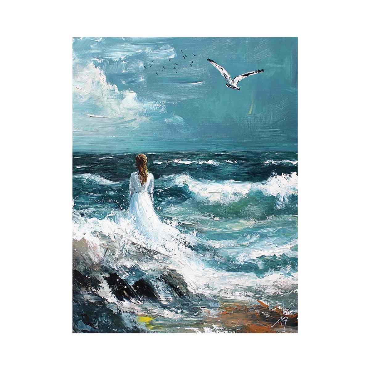 Wal to Sea Beautiful Girl Beach Painting