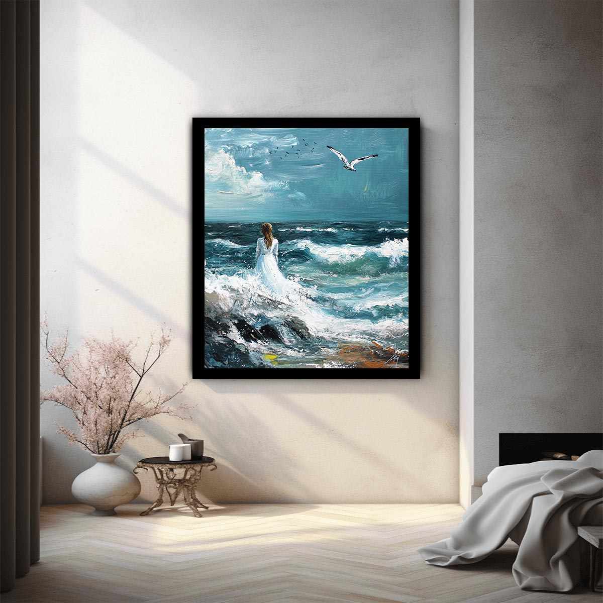 Wal to Sea Beautiful Girl Beach Painting
