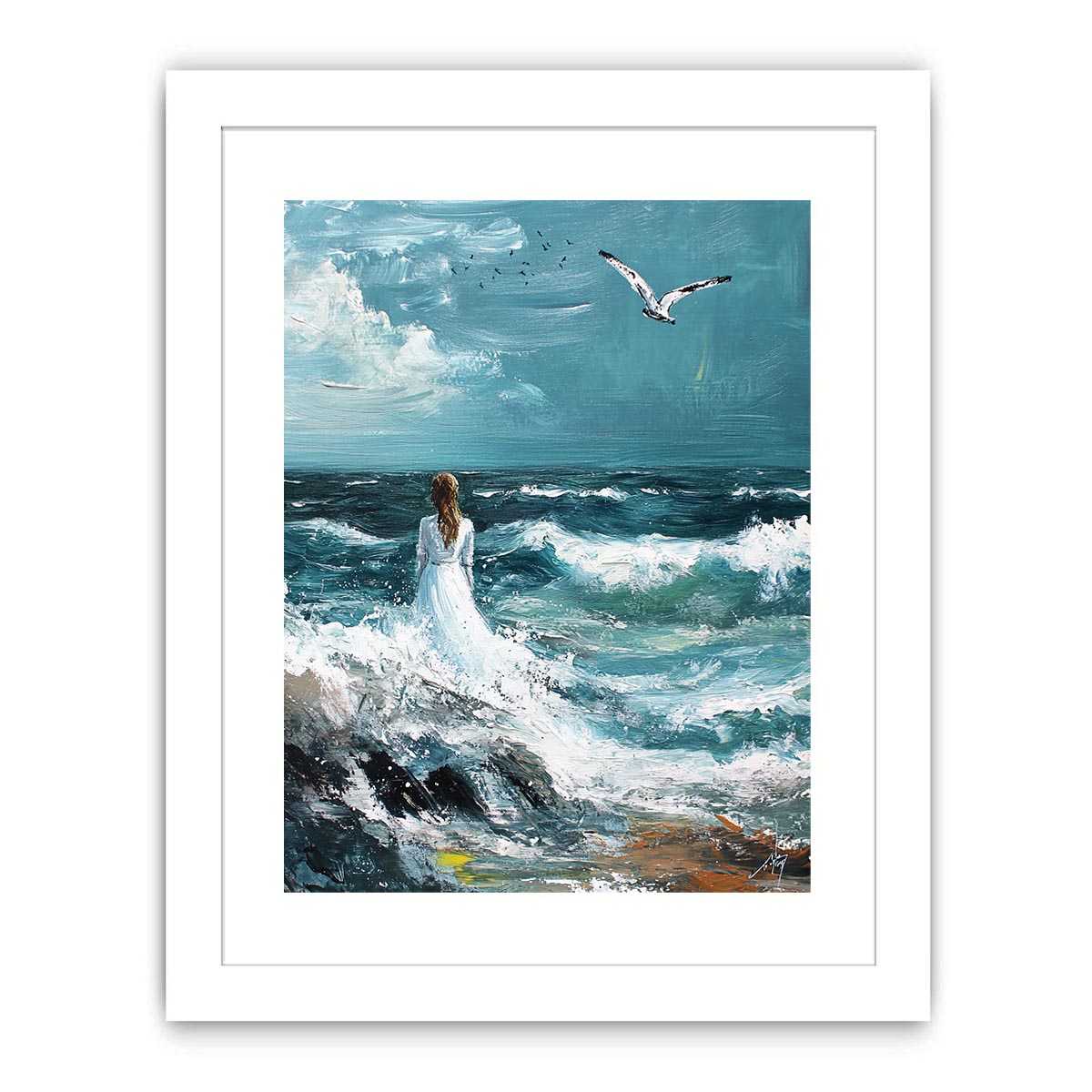 Wal to Sea Beautiful Girl Beach Painting Art Print