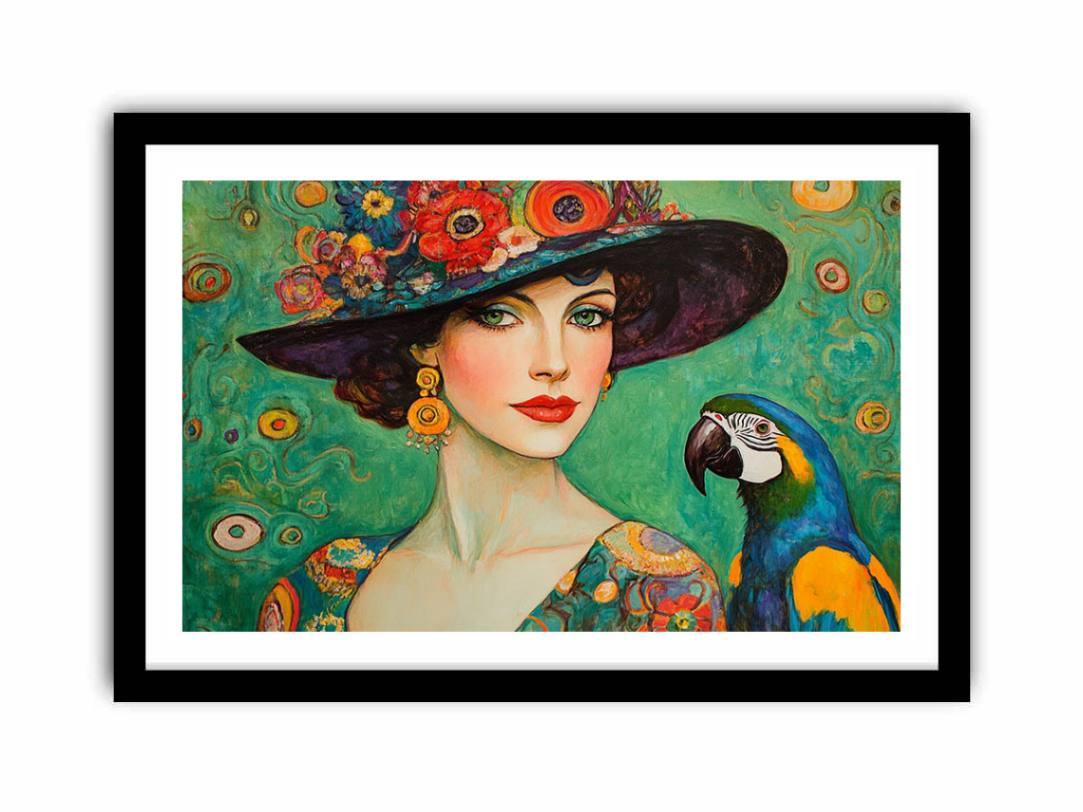 Antique fashionable Woman & Parrot Painting  canvas print