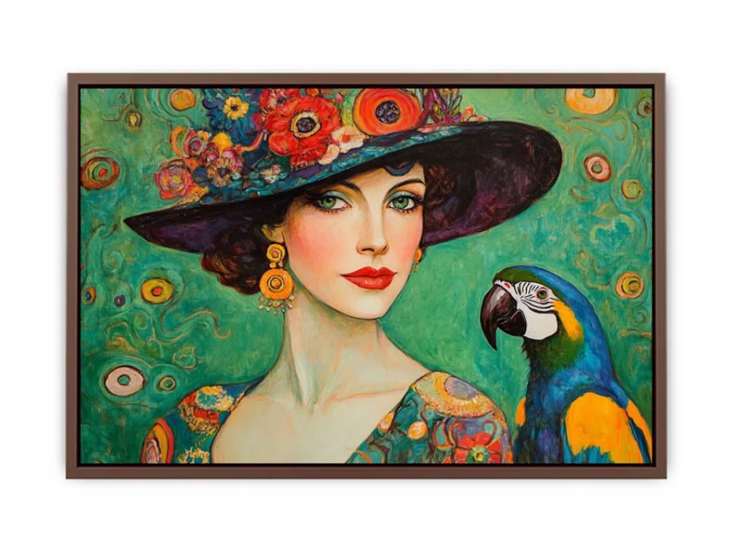 Antique fashionable Woman & Parrot Painting
