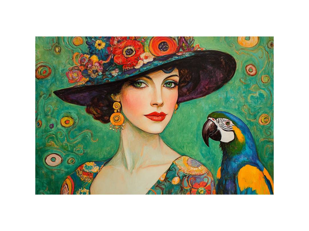 Antique fashionable Woman & Parrot Painting