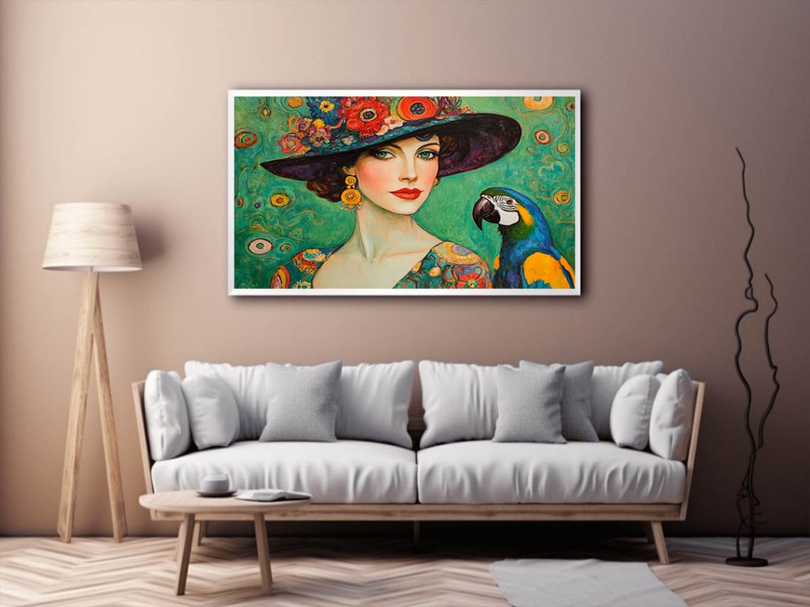 Antique fashionable Woman & Parrot Painting
