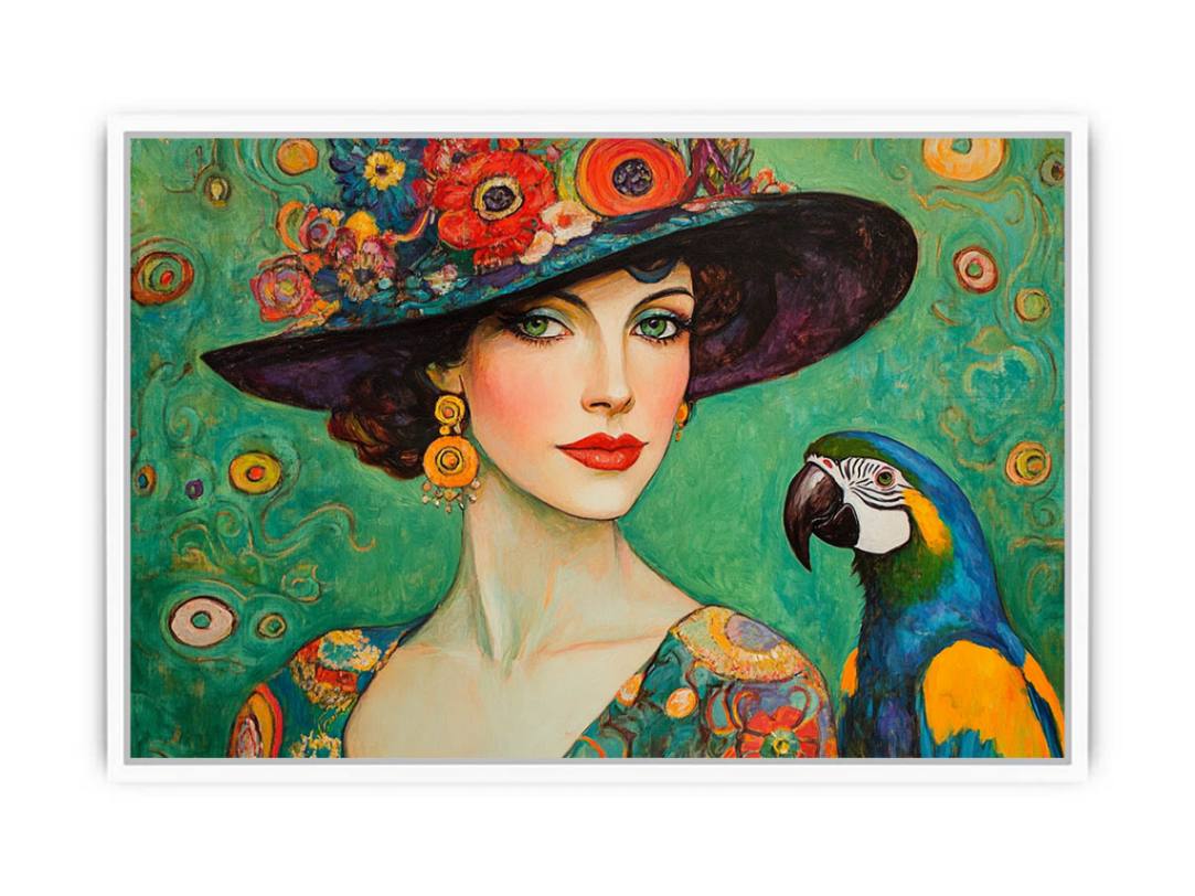 Antique fashionable Woman & Parrot Painting