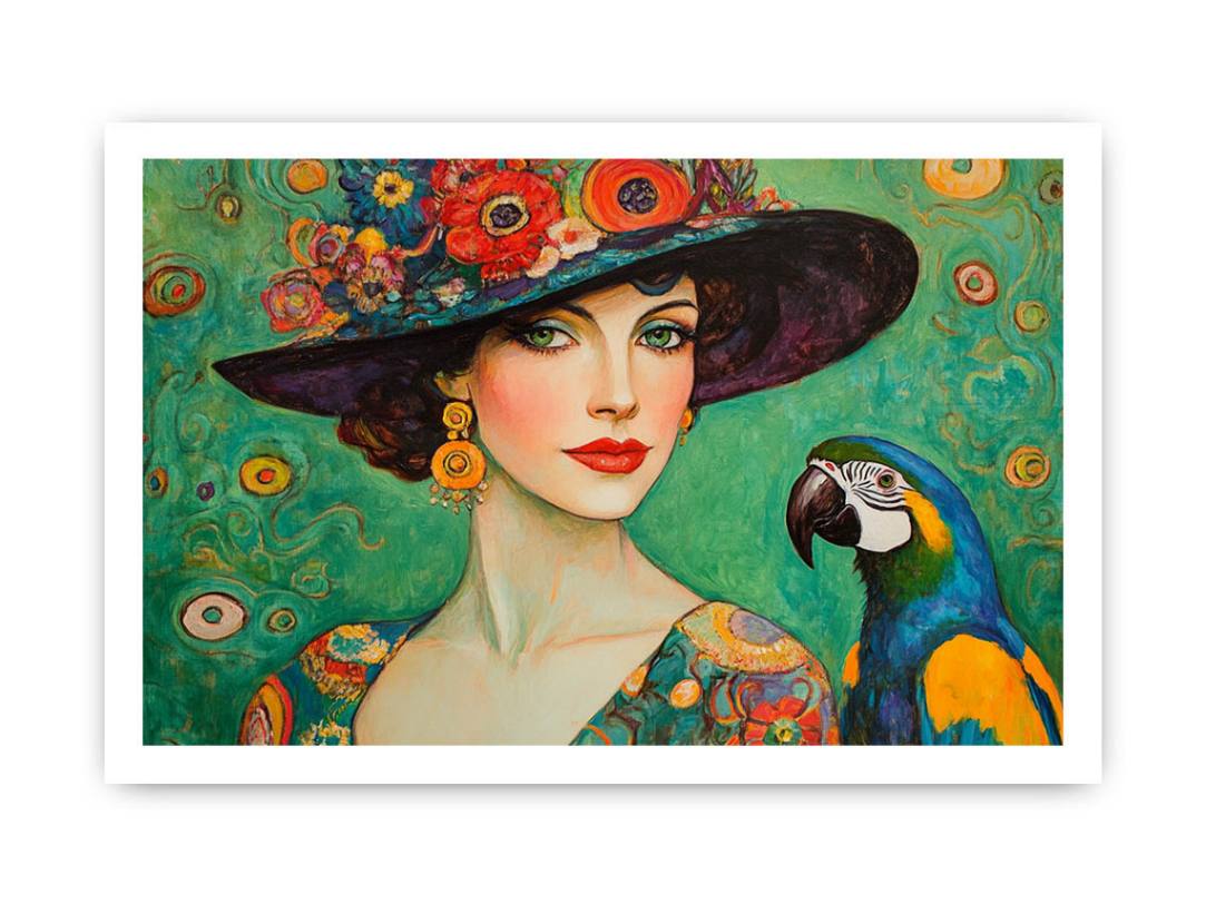 Antique fashionable Woman & Parrot Painting Painting