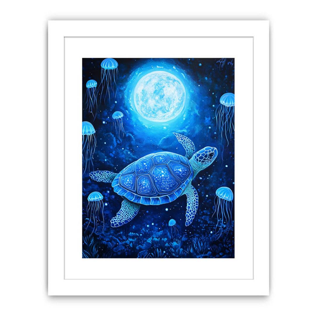 Beautiful Turtle & Moon Painting Art Print