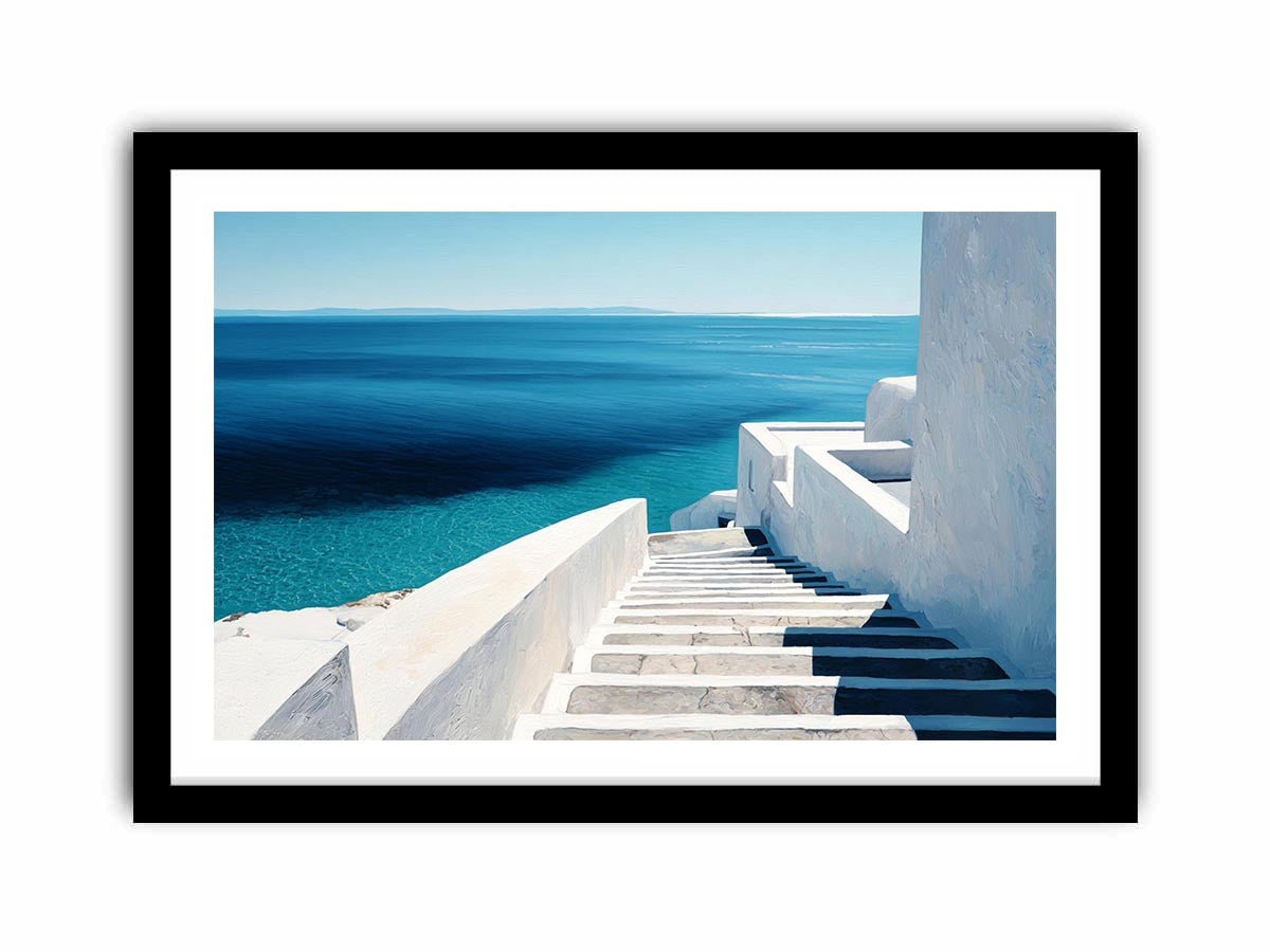 Santorini Beach Blue Water Painting   Framed poster