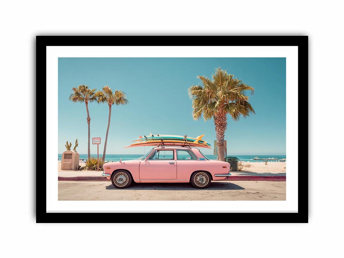 Surf car Plam tree beach  Painting   Framed poster