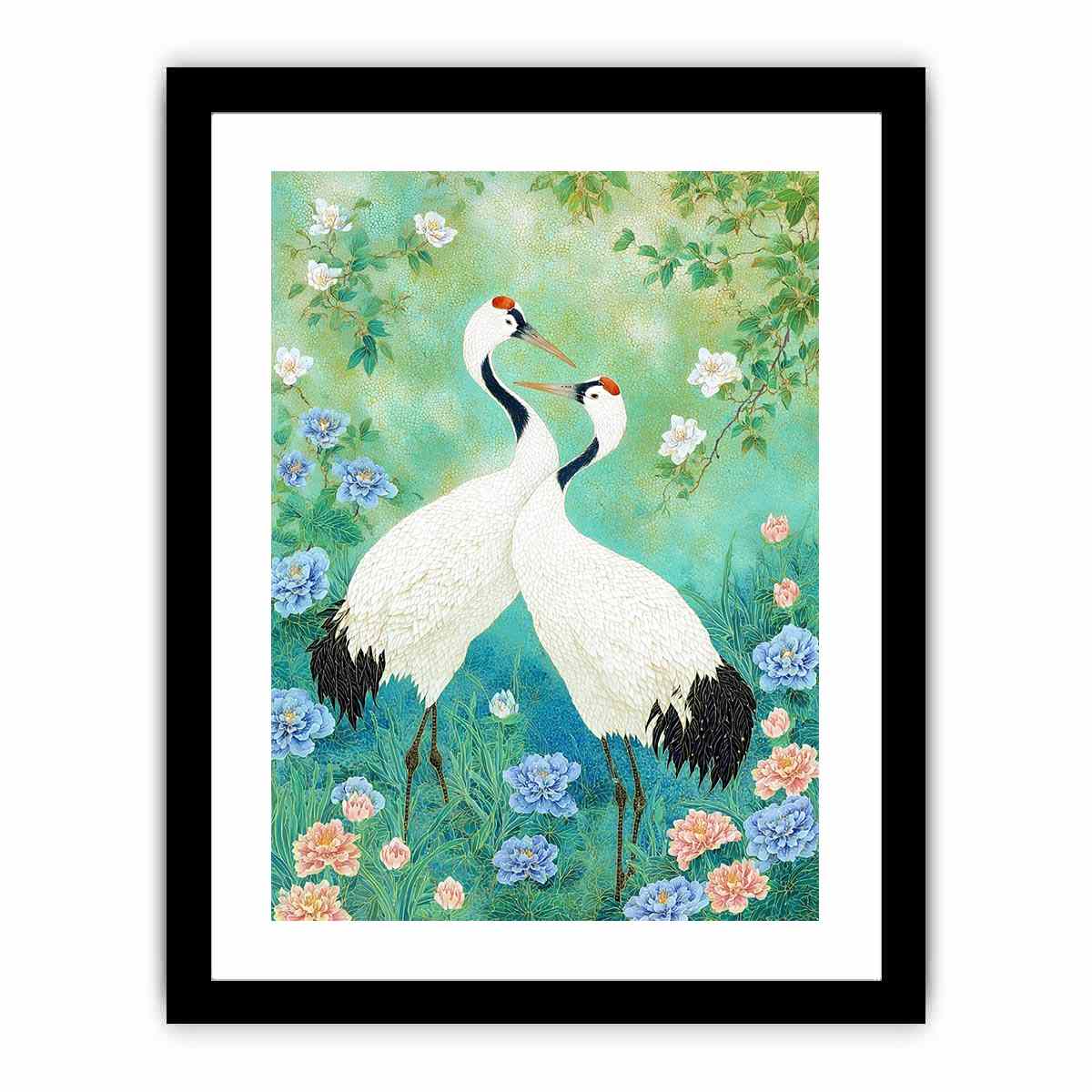 Cranes in Garden painting   Framed poster