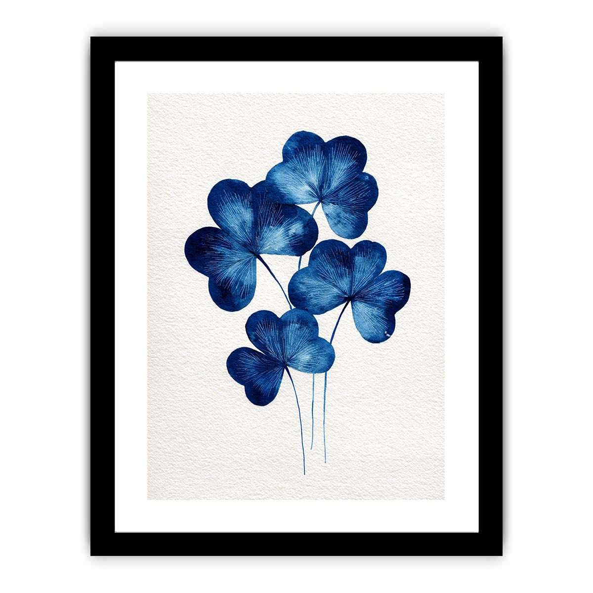 Four-leaf clovers indigo blue Minimlaist Art painting   Framed poster