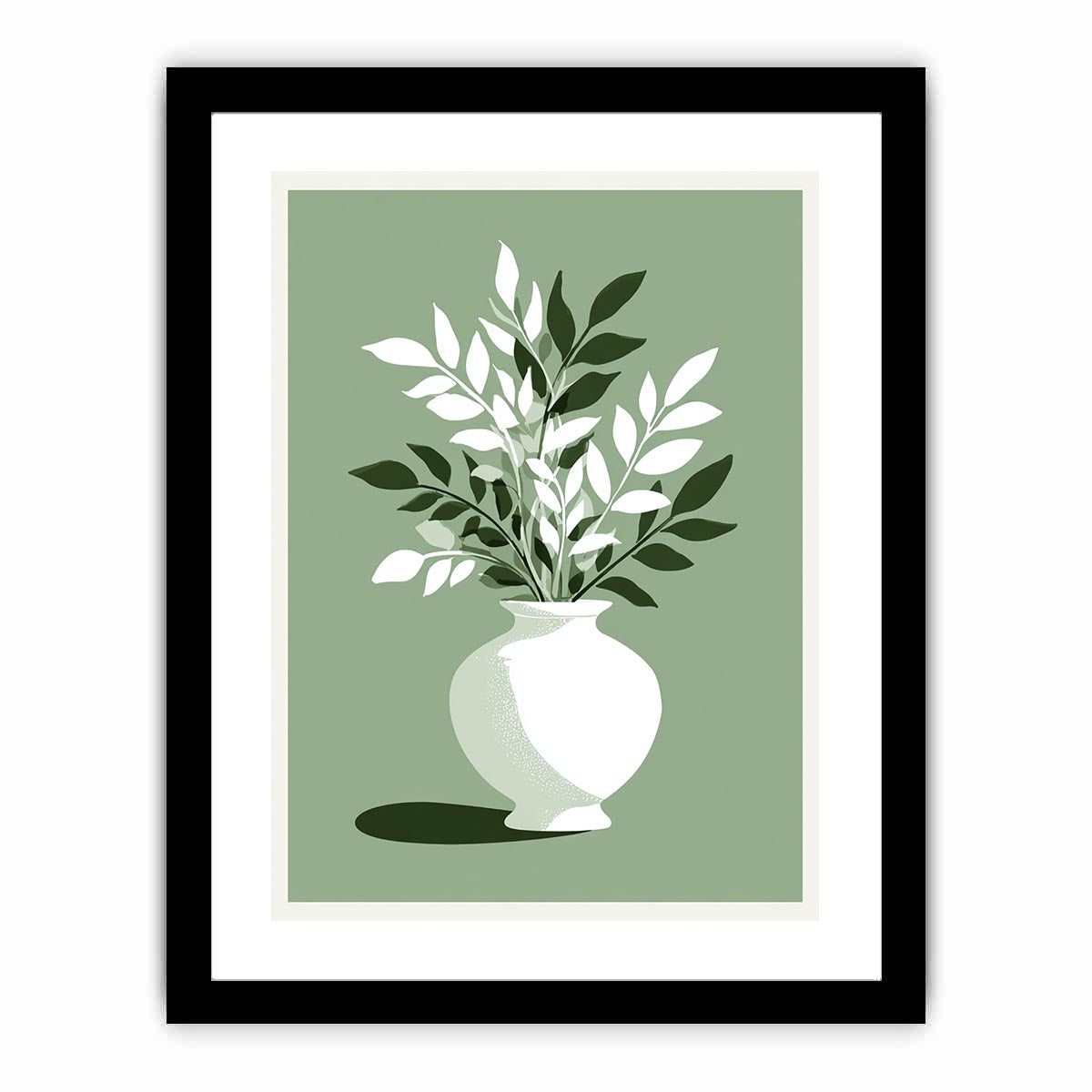 minimalist sage Green leaf Flower vase painting   Framed poster