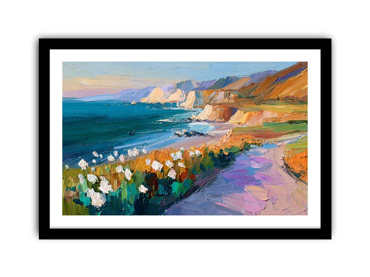 Cliffs Landscape Wild flowers beach Painting   Framed poster