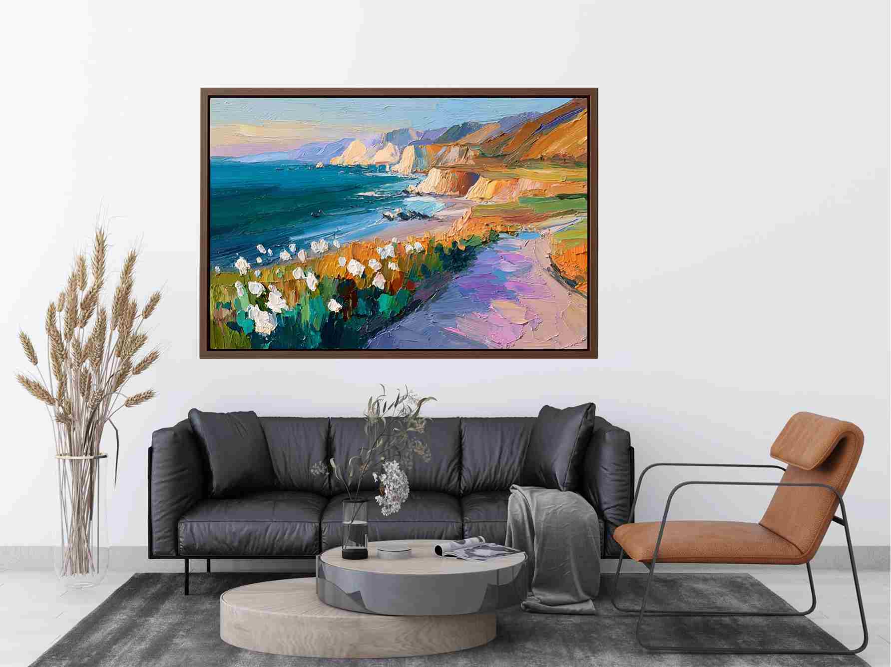 Cliffs Landscape Wild flowers beach Painting