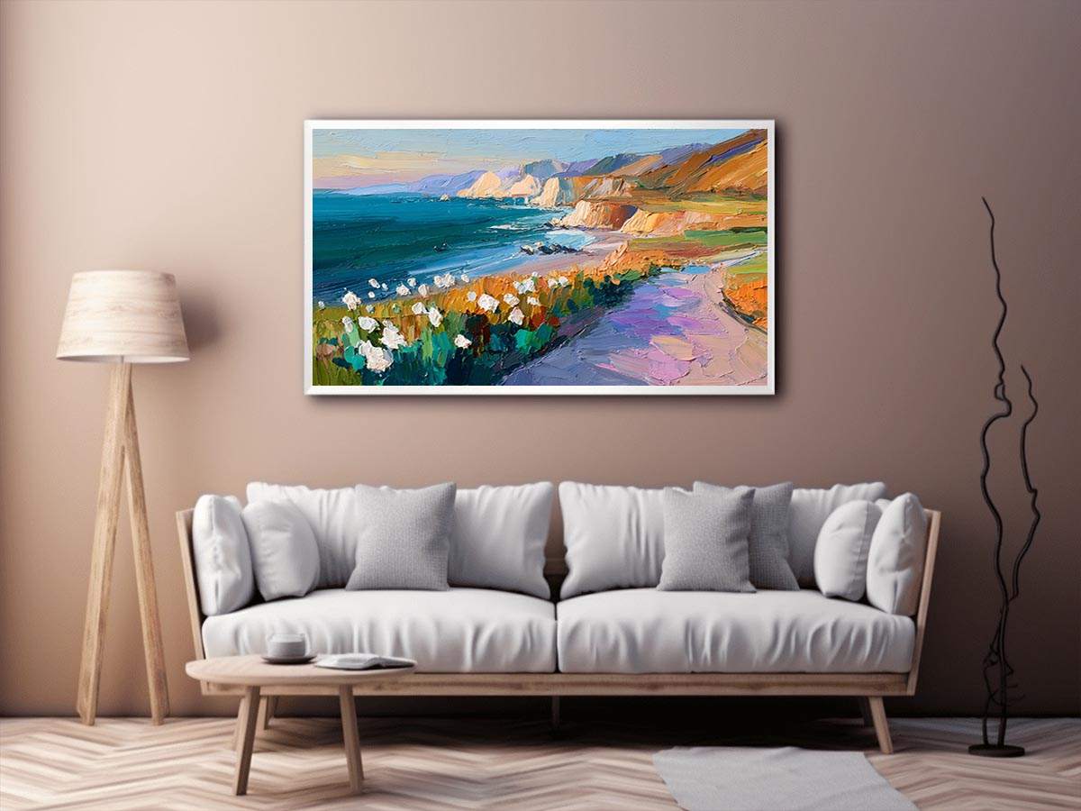 Cliffs Landscape Wild flowers beach Painting