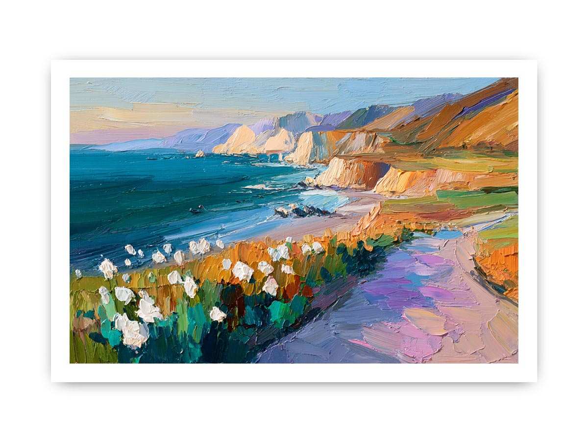 Cliffs Landscape Wild flowers beach Painting