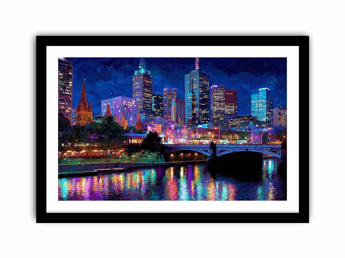Melbourne  Night City Painting   Framed poster