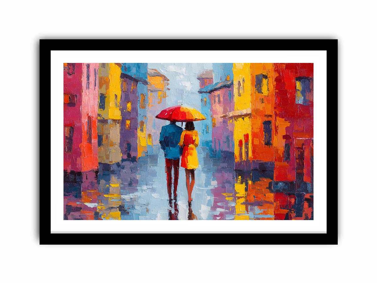 Under One Umbrella Couple in Rain Painting   Framed poster