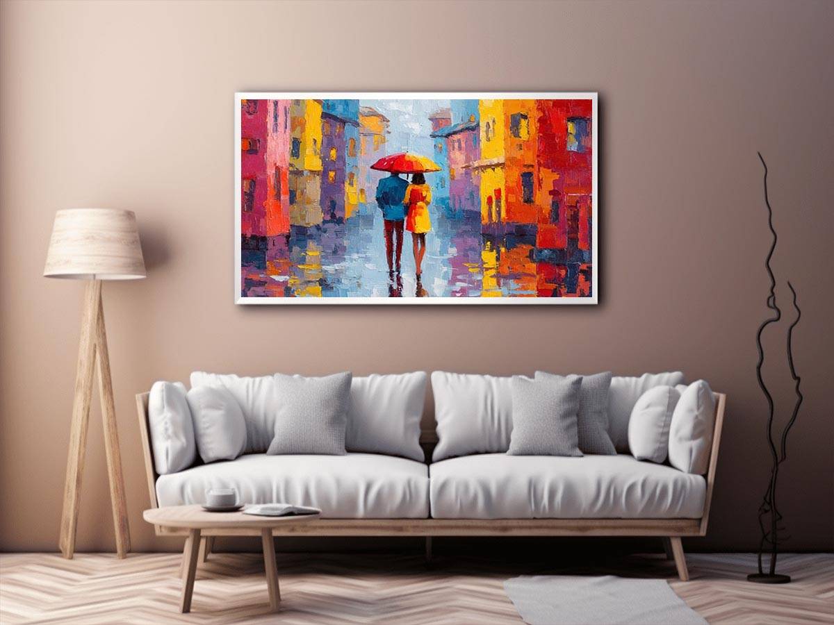 Under One Umbrella Couple in Rain Painting