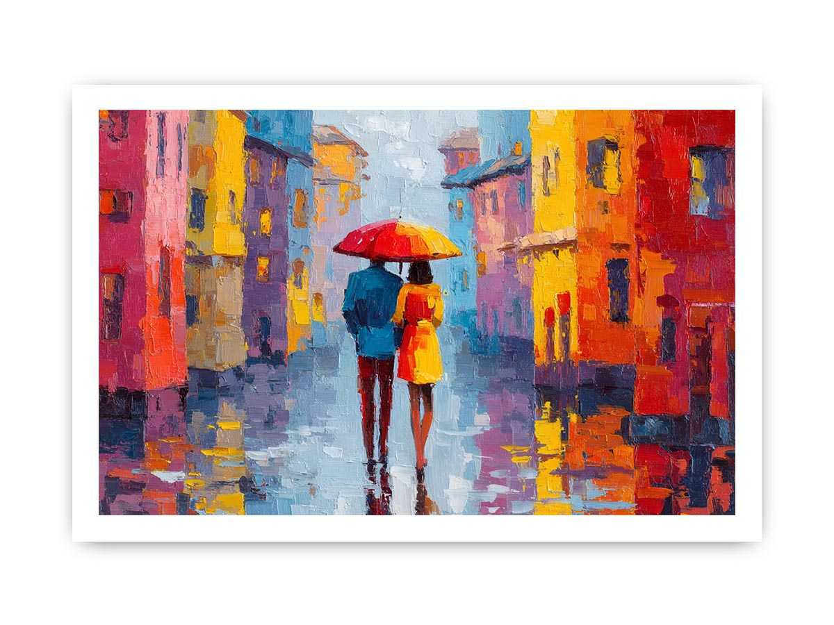 Under One Umbrella Couple in Rain Painting