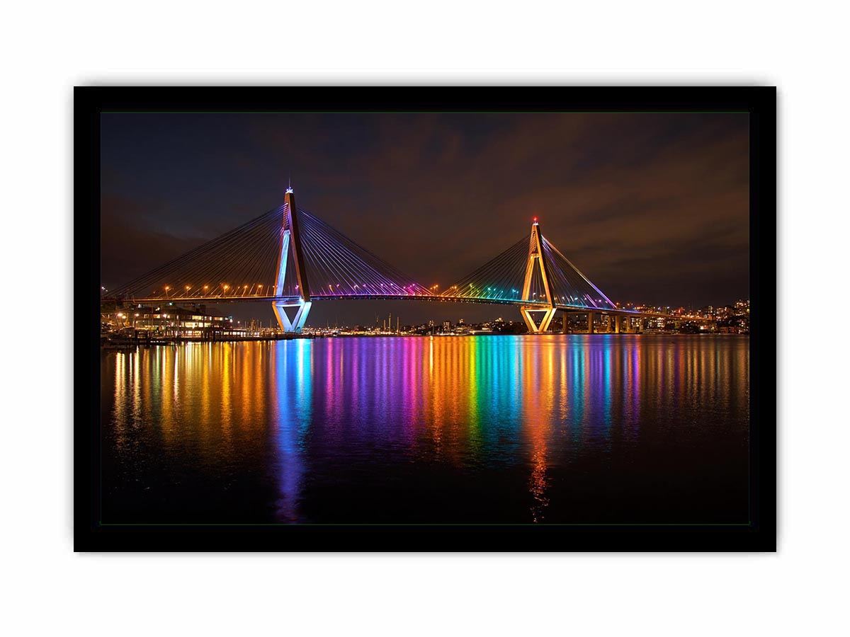 Anzac bridge Syney  illuminated at Night Canvas Art Painting   Framed poster