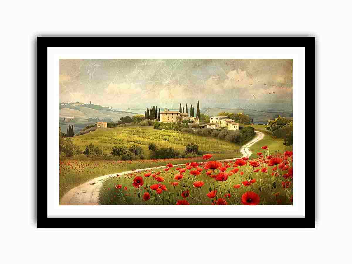 Red Poppies flower  House Valley Painting  Framed poster