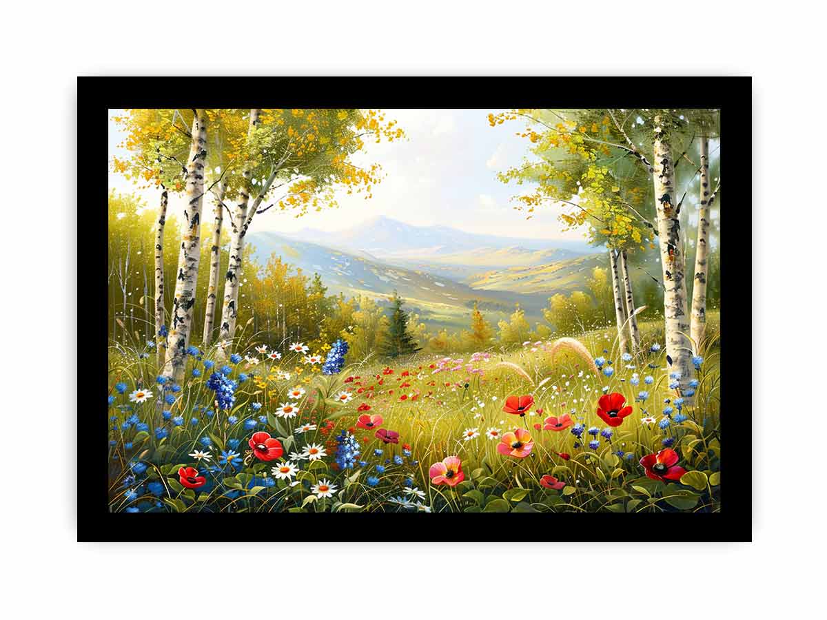 Beauitful Landscape  Wild flowers Painting Canvas Print