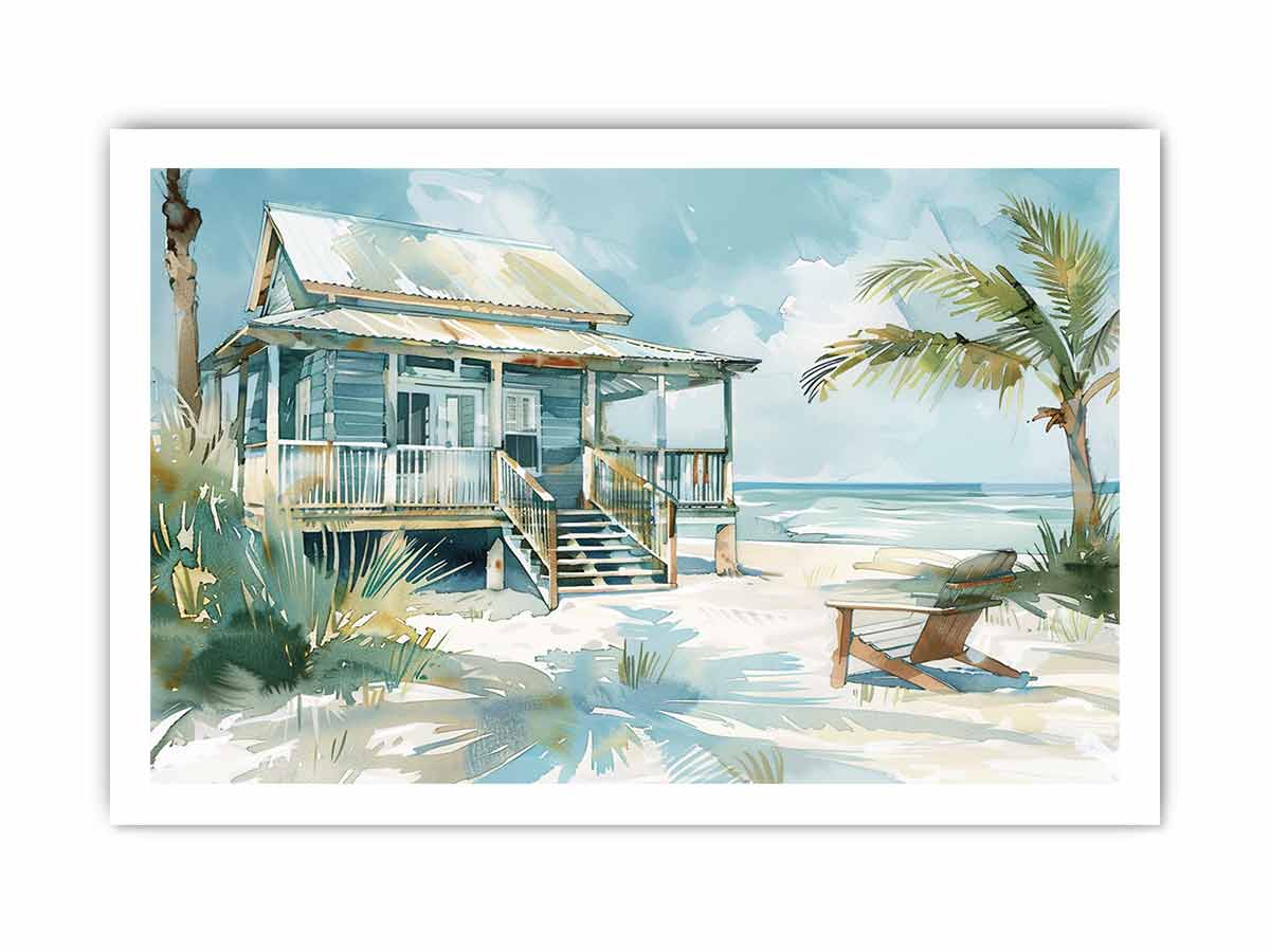 Beach House  Watercolor Canvas Painting