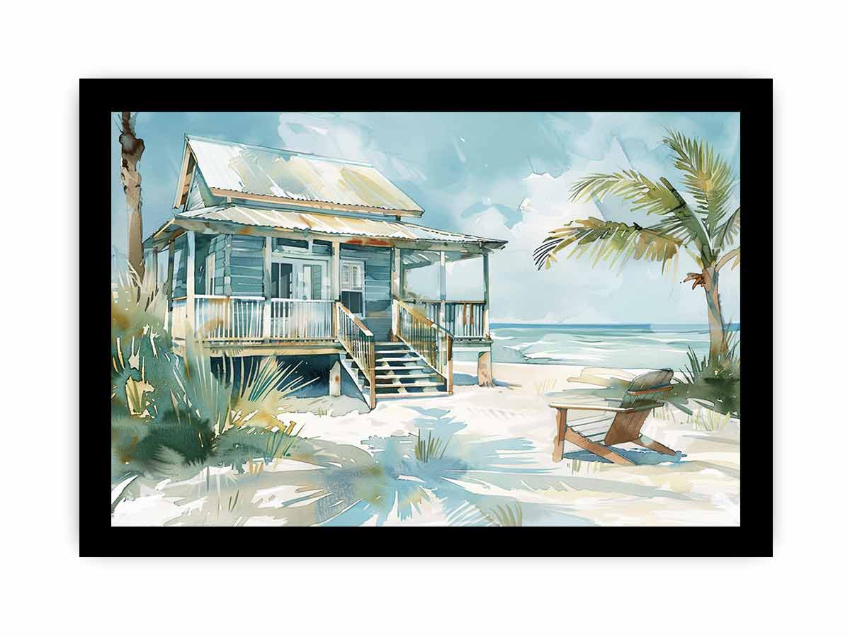 Beach House  Watercolor Canvas Painting
