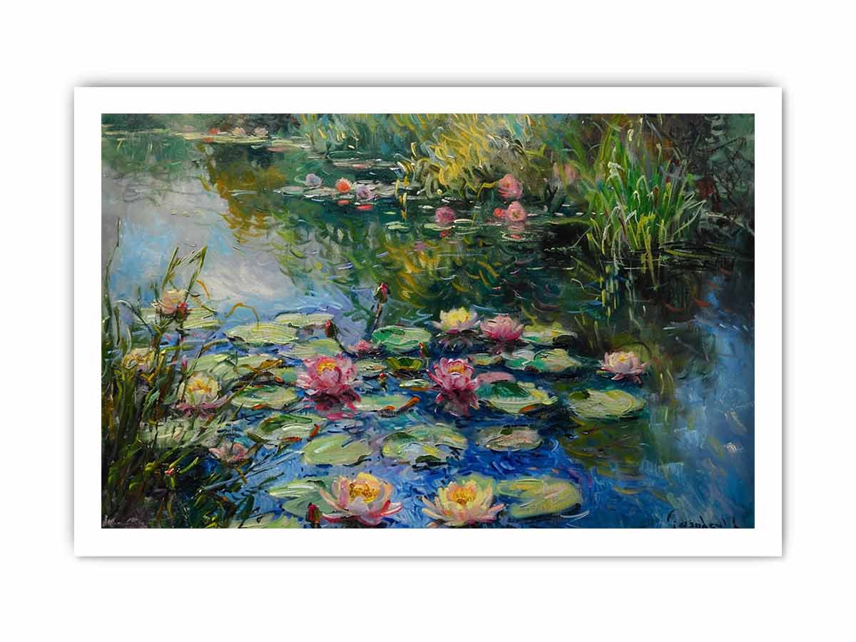 Lily Flowers In Lake  Canvas Painting Print