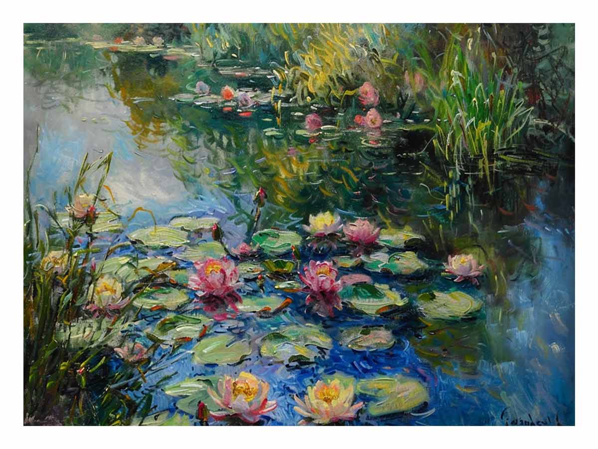 Lily Flowers In Lake  Canvas Painting Print
