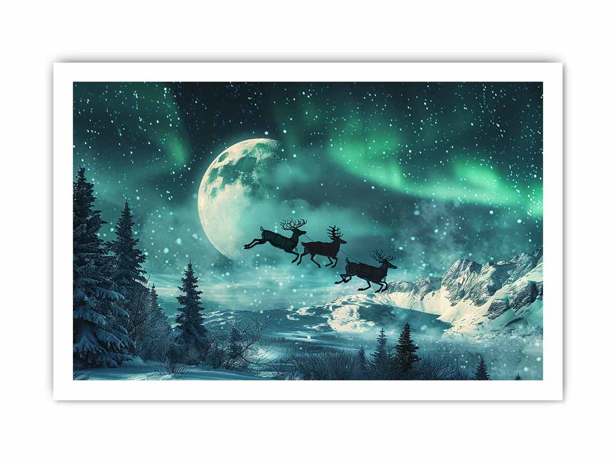 Flying Reindeer Northern lights Canvas Painting Print