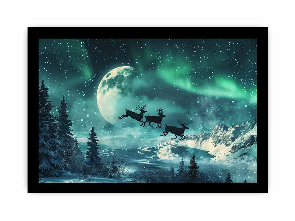 Flying Reindeer Northern lights Canvas Painting Print