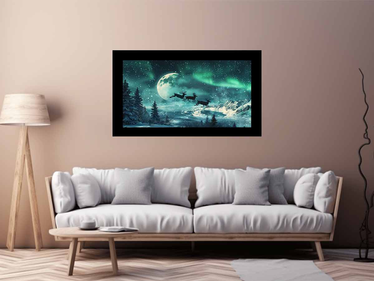 Flying Reindeer Northern lights Canvas Painting Print
