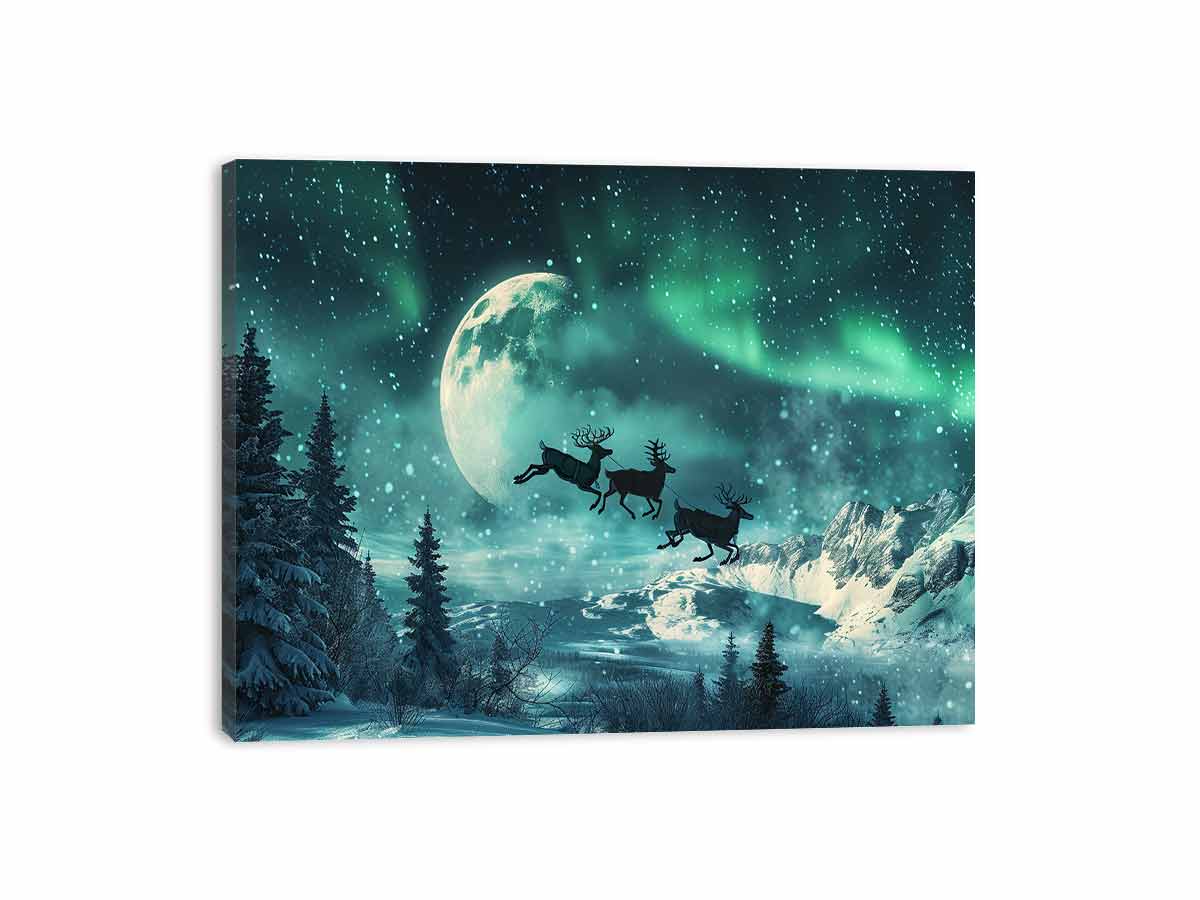 Flying Reindeer Northern lights Canvas Painting Print