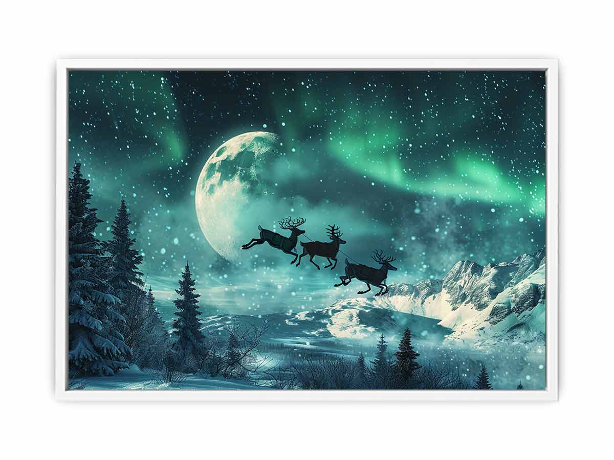 Flying Reindeer Northern lights Canvas Painting Print