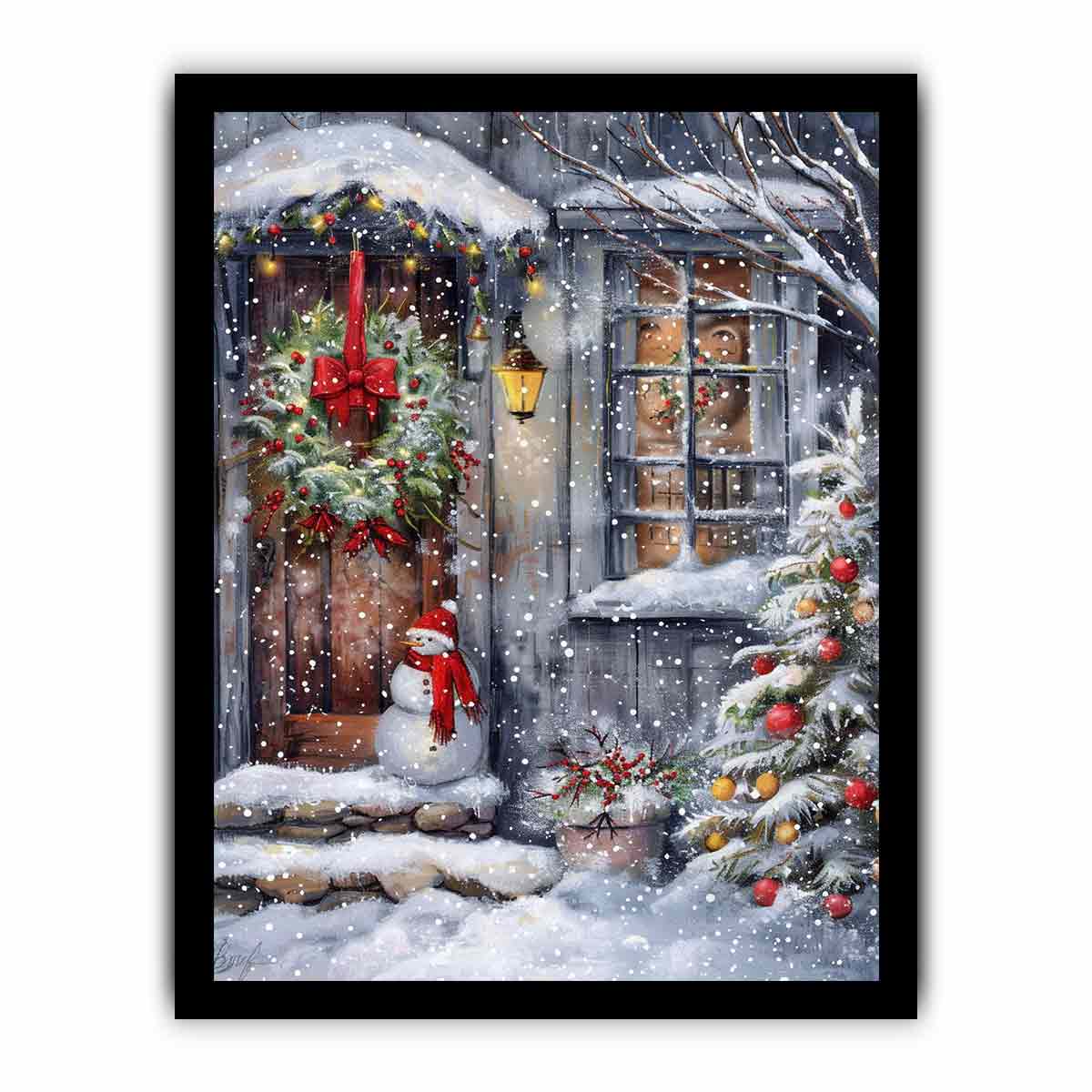 Snowman At Door  Cristmas Canvas Poster Print