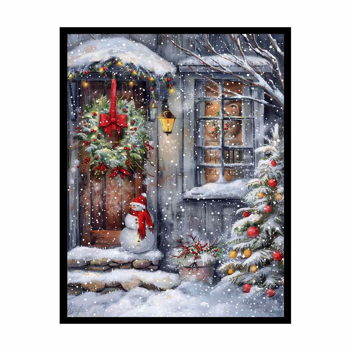 Snowman At Door  Cristmas Canvas Poster Print