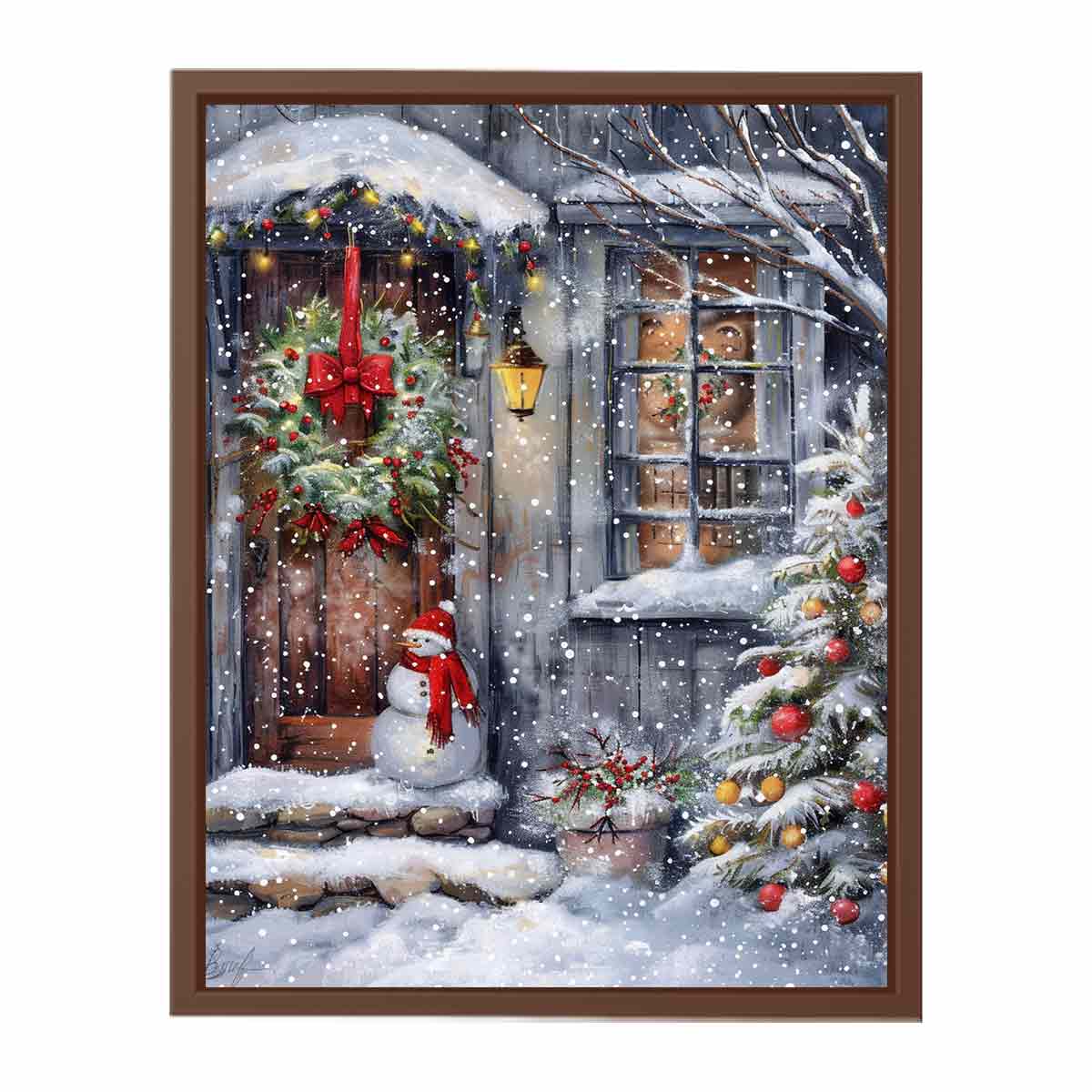 Snowman At Door  Cristmas Canvas Poster Print