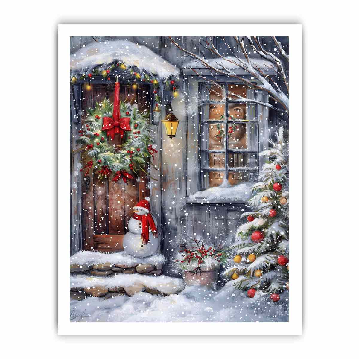 Snowman At Door  Cristmas Canvas Poster Print