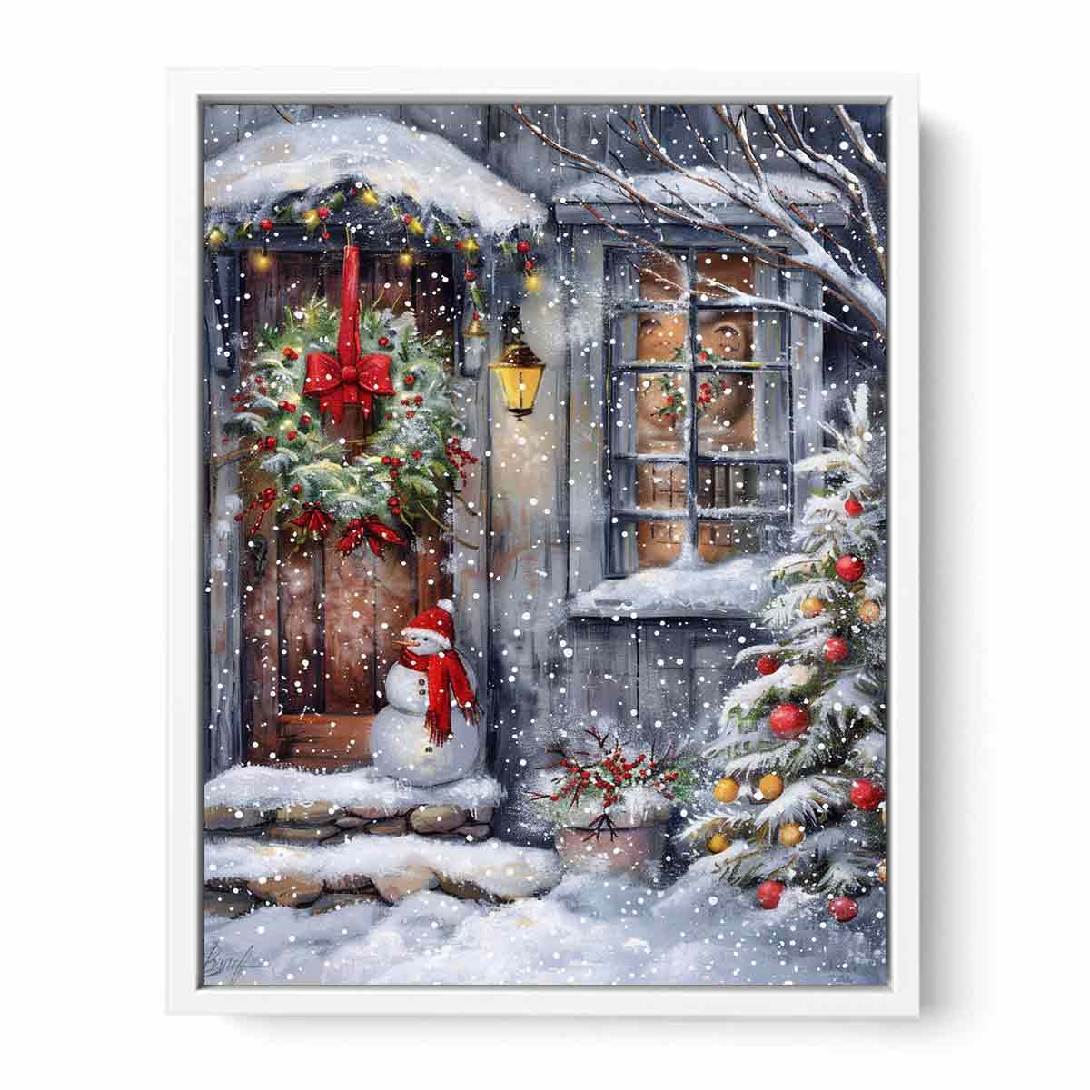 Snowman At Door  Cristmas Canvas Poster Print
