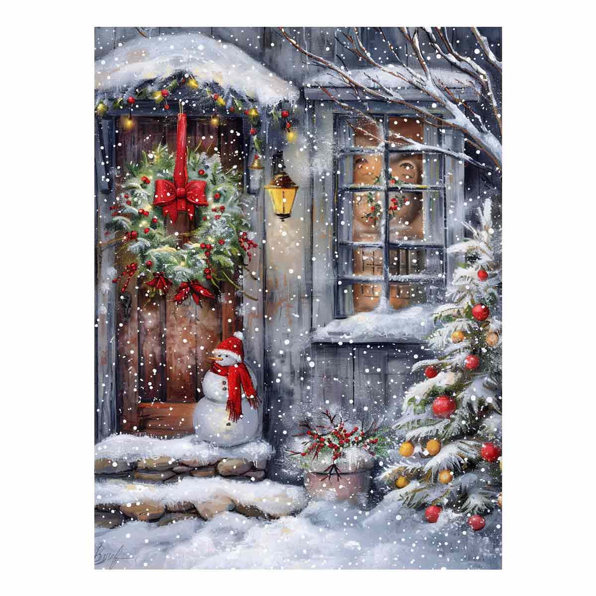 Snowman At Door  Cristmas Canvas Poster Print