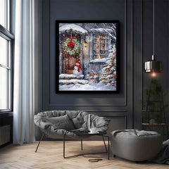 Snowman At Door  Cristmas Canvas Poster Print