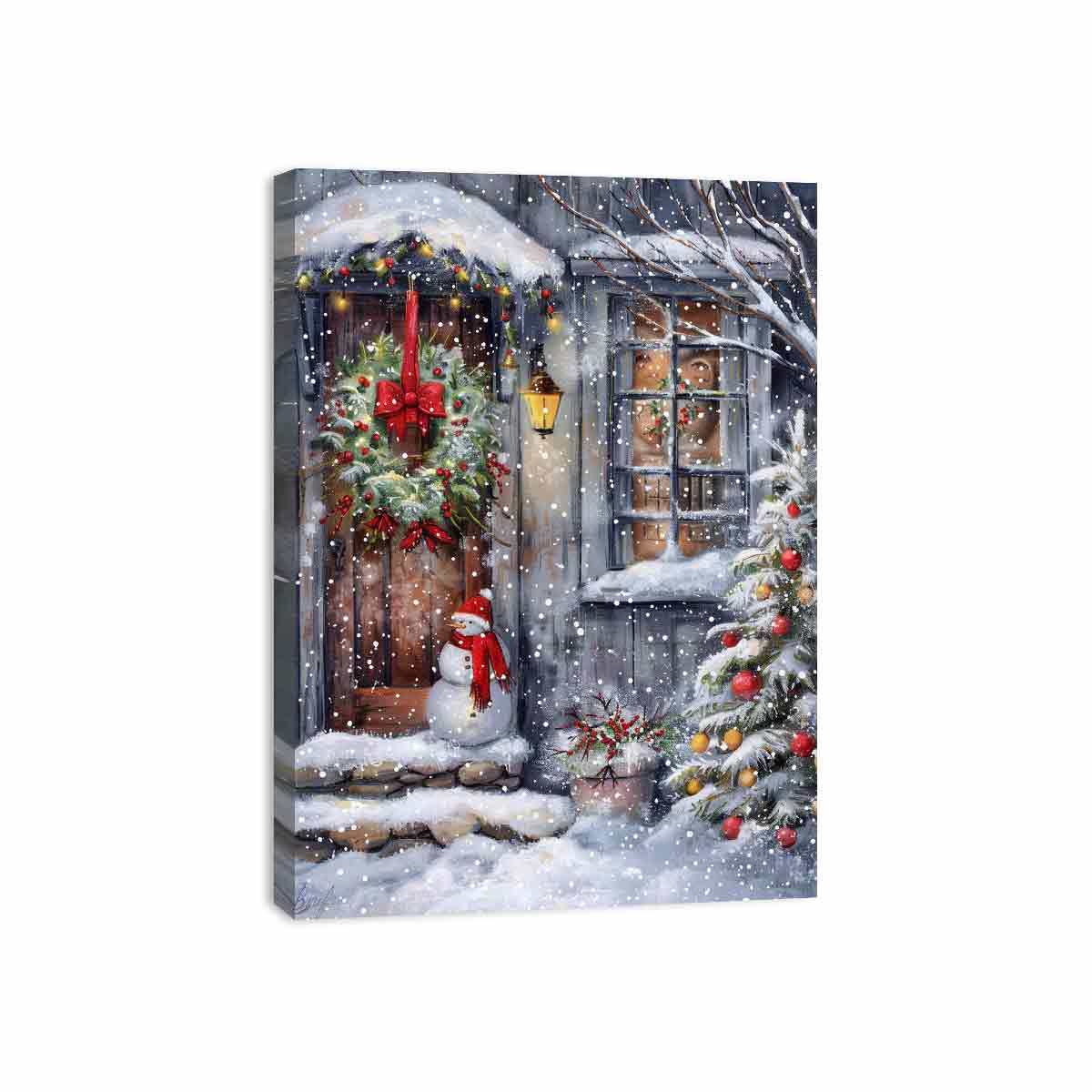 Snowman At Door  Cristmas Canvas Poster Print